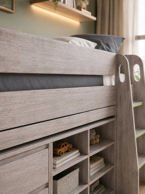 Vespa Mid Sleeper Bed with Pull-Out Desk & Storage - Grey Oak Effect, Single - Living with Luxury