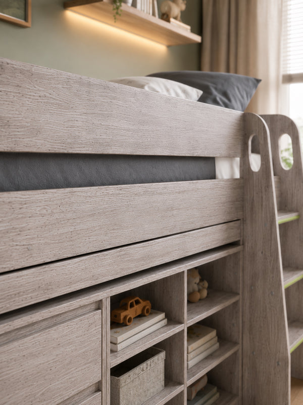 Vespa Mid Sleeper Bed with Pull-Out Desk & Storage - Grey Oak Effect, Single - Living with Luxury