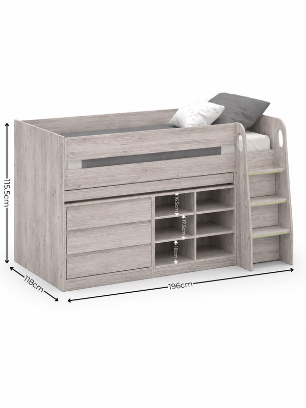Vespa Mid Sleeper Bed with Pull-Out Desk & Storage - Grey Oak Effect, Single - Living with Luxury