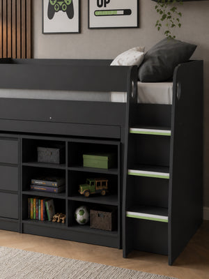 Vespa Mid Sleeper Bed with Pull-Out Desk & Storage - Anthracite, Single - Living with Luxury