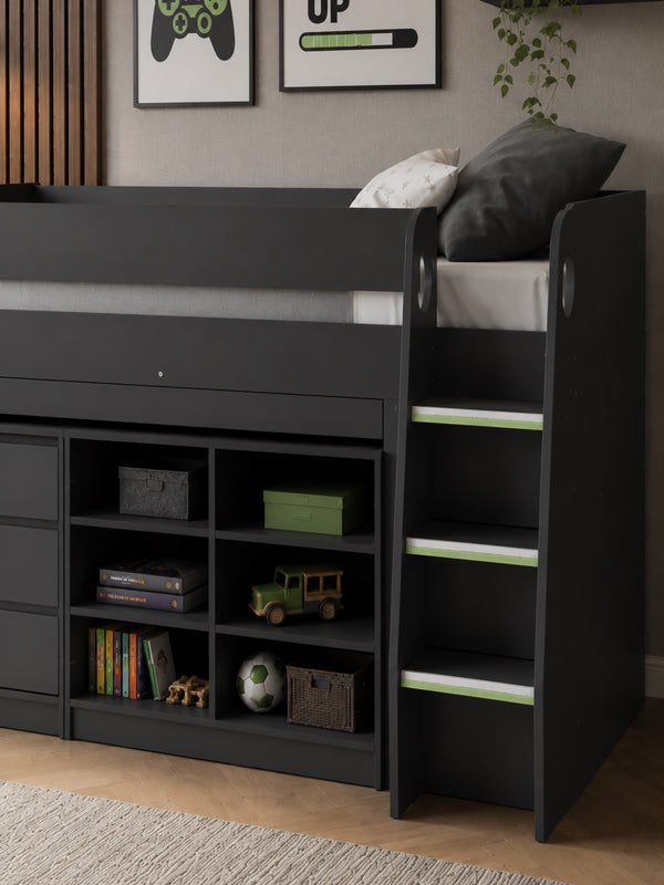 Vespa Mid Sleeper Bed with Pull-Out Desk & Storage - Anthracite, Single - Living with Luxury