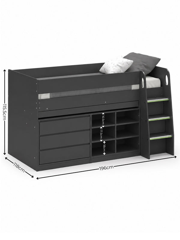 Vespa Mid Sleeper Bed with Pull-Out Desk & Storage - Anthracite, Single - Living with Luxury