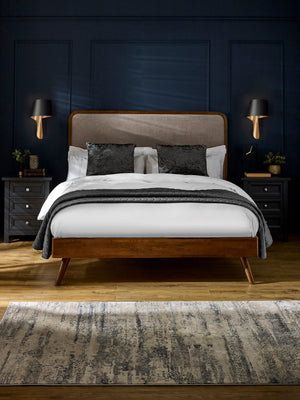 Walden Walnut Effect 150cm Kingsize Bed with Grey Chenille Upholstered Headboard - Living with Luxury