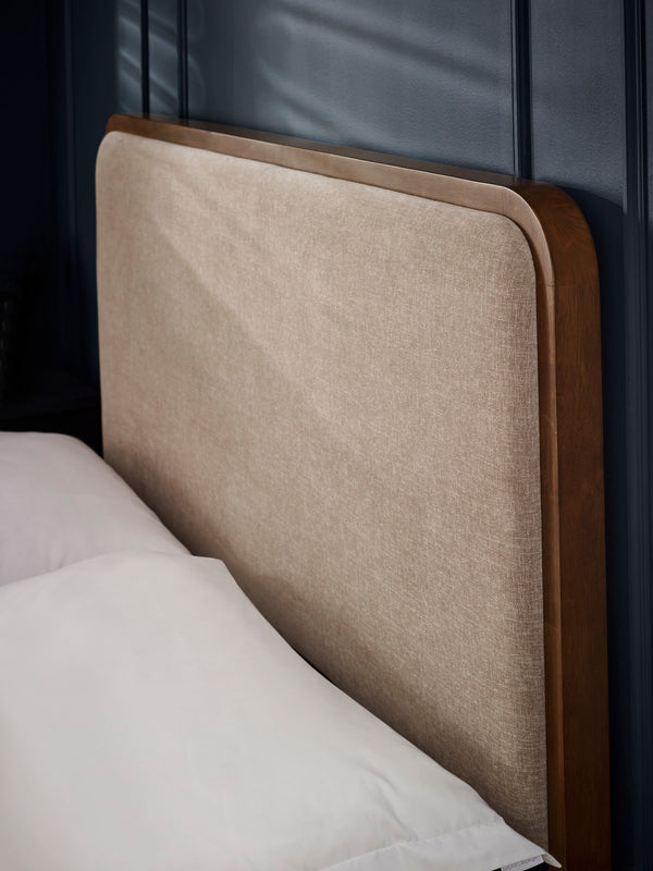 Walden Walnut Effect 150cm Kingsize Bed with Grey Chenille Upholstered Headboard - Living with Luxury
