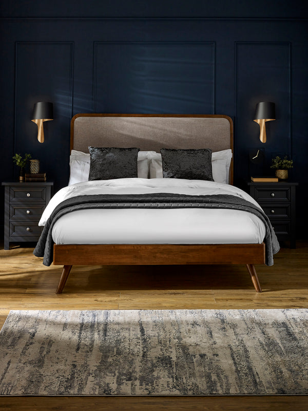 Walden Walnut Effect 135cm Double Bed with Grey Chenille Upholstered Headboard - Living with Luxury