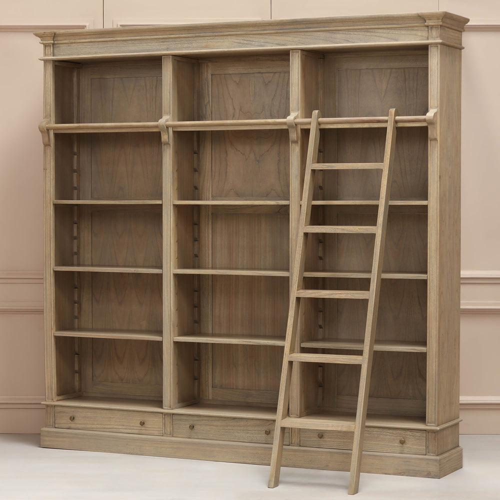 Large Rustic Wooden Bookcase with Ladder – view 1