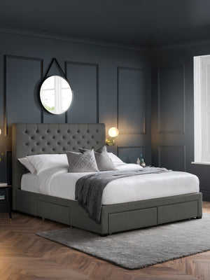Wilton Upholstered 4 Drawer Storage Bed Frame - Dark Grey Linen, King - Living with Luxury