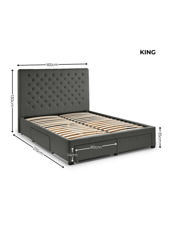 Wilton Upholstered 4 Drawer Storage Bed Frame - Dark Grey Linen, King - Living with Luxury