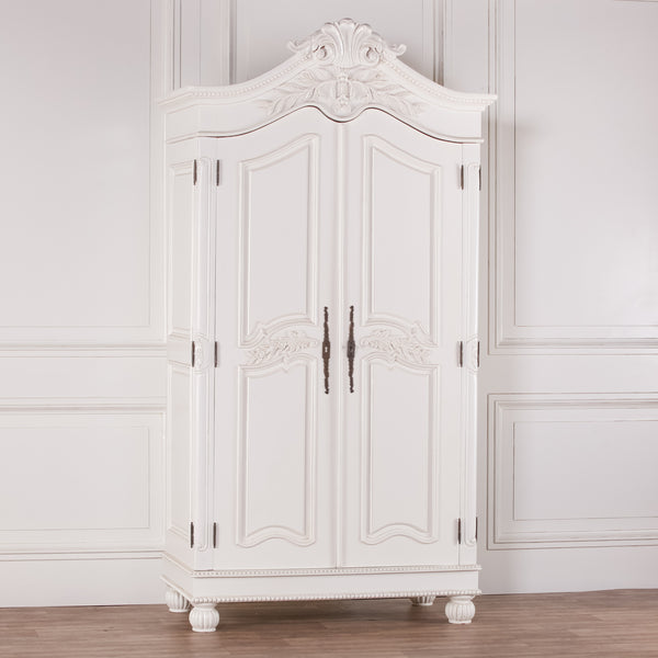 Wooden Carved French Chateau White Double Armoire – view 9