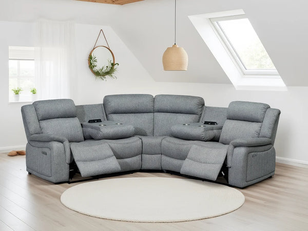 Linden Electric Recliner Corner Sofa Grey – Fabric Living Room Corner Sofa