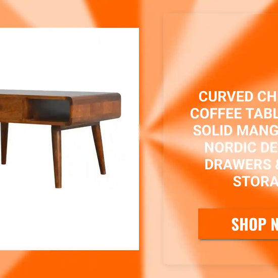 Curved Chestnut Coffee Table &ndash; 100% Solid Mango Wood, Nordic Design, 2 Drawers &amp; Open Storage by@Outfy