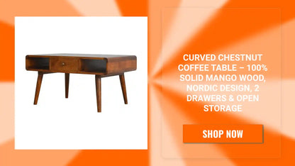 Curved Chestnut Coffee Table &ndash; 100% Solid Mango Wood, Nordic Design, 2 Drawers &amp; Open Storage by@Outfy