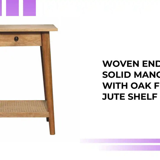 Woven End Table &ndash; Solid Mango Wood with Oak Finish and Jute Shelf by@Outfy