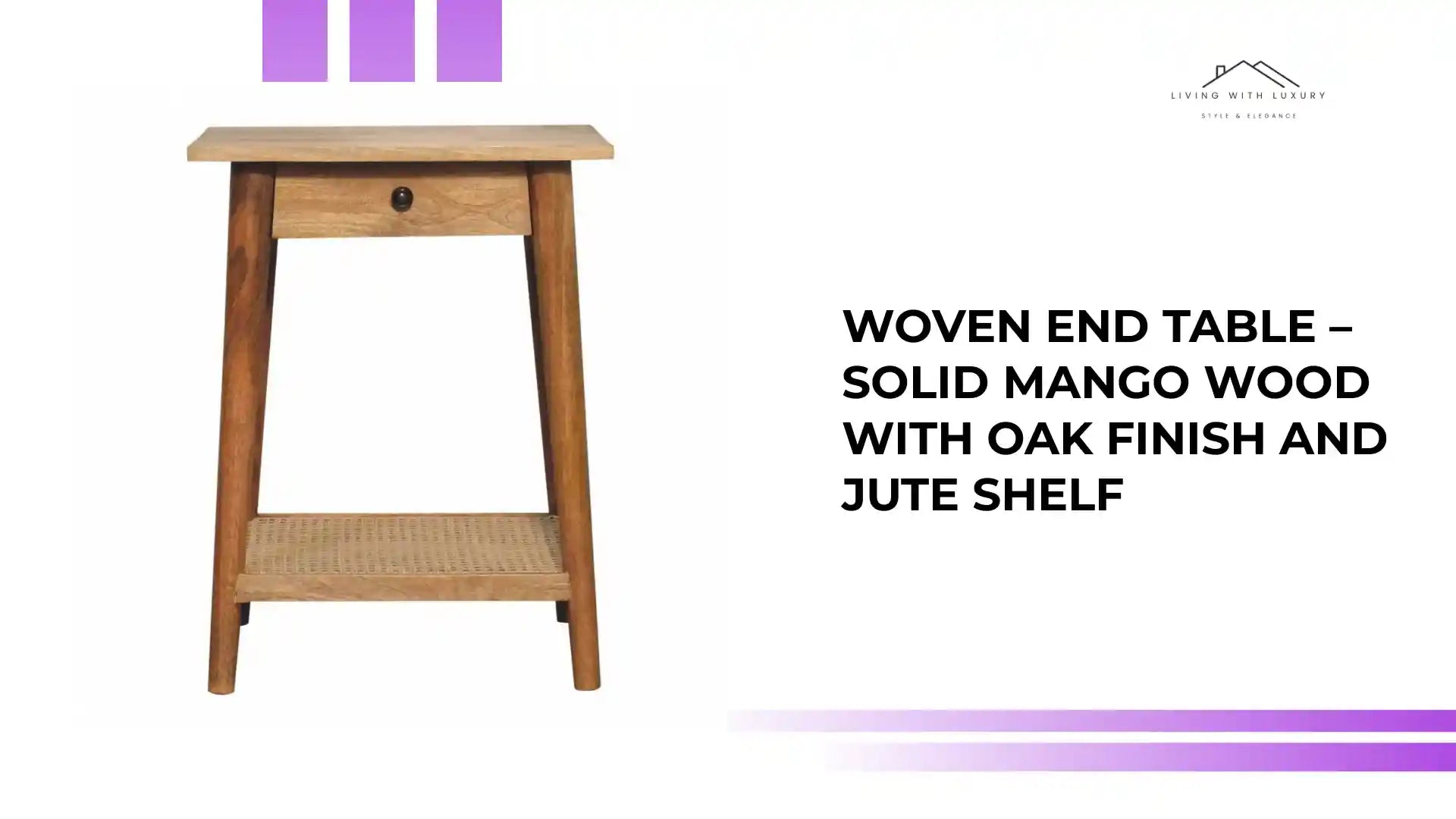 Woven End Table &ndash; Solid Mango Wood with Oak Finish and Jute Shelf by@Outfy