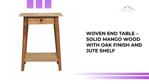 Woven End Table &ndash; Solid Mango Wood with Oak Finish and Jute Shelf by@Outfy