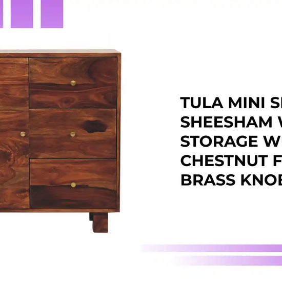 Tula Mini Sideboard &ndash; Sheesham Wood Storage with Chestnut Finish &amp; Brass Knobs by@Outfy