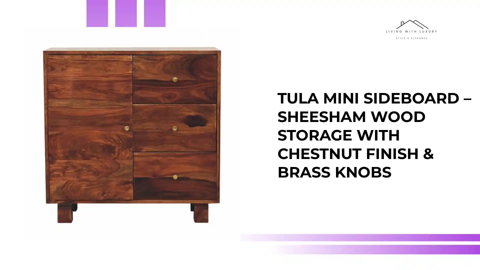 Tula Mini Sideboard &ndash; Sheesham Wood Storage with Chestnut Finish &amp; Brass Knobs by@Outfy