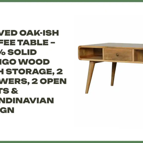 Curved Oak-Ish Coffee Table &ndash; 100% Solid Mango Wood with Storage, 2 Drawers, 2 Open Slots &amp; Scandinavian Design by@Outfy
