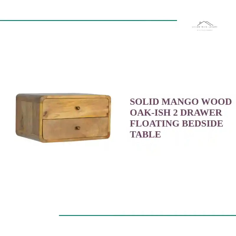 Solid Mango Wood Oak-Ish 2 Drawer Floating Bedside Table by@Outfy