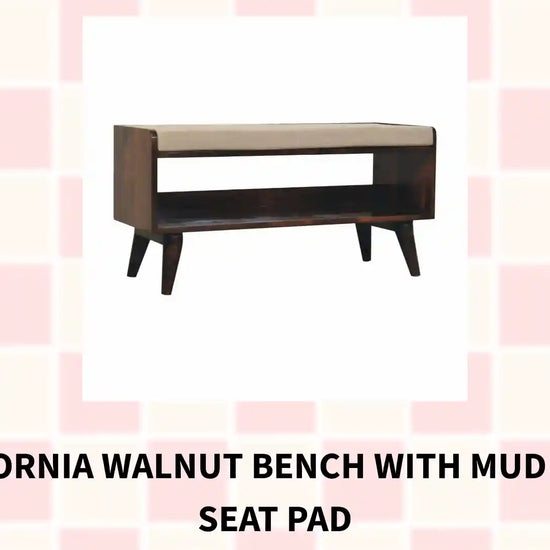 California Walnut bench with mud linen seat pad by@Outfy