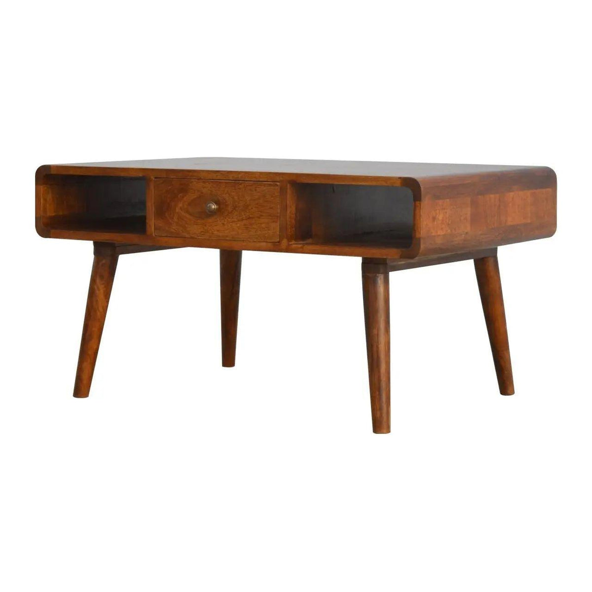 Curved Chestnut Coffee Table – 100% Solid Mango Wood Nordic Design 2 Drawers & Open Storage