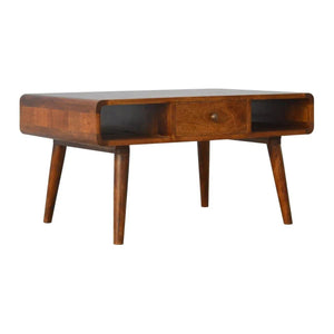 Curved Chestnut Coffee Table – 100% Solid Mango Wood, Nordic Design, 2 Drawers & Open Storage