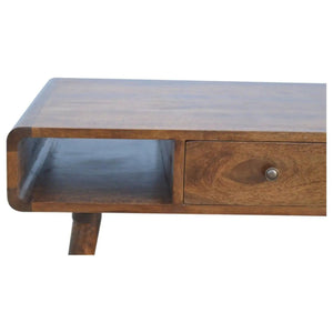 Curved Chestnut Coffee Table – 100% Solid Mango Wood, Nordic Design, 2 Drawers & Open Storage