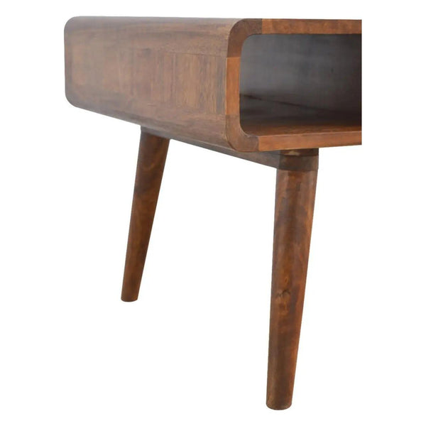 Curved Chestnut Coffee Table – 100% Solid Mango Wood, Nordic Design, 2 Drawers & Open Storage
