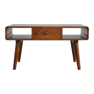 Curved Chestnut Coffee Table – 100% Solid Mango Wood, Nordic Design, 2 Drawers & Open Storage