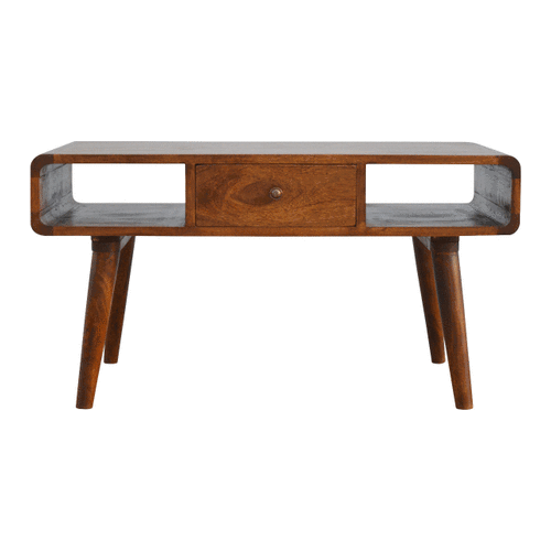 Curved Chestnut Coffee Table – 100% Solid Mango Wood, Nordic Design, 2 Drawers & Open Storage