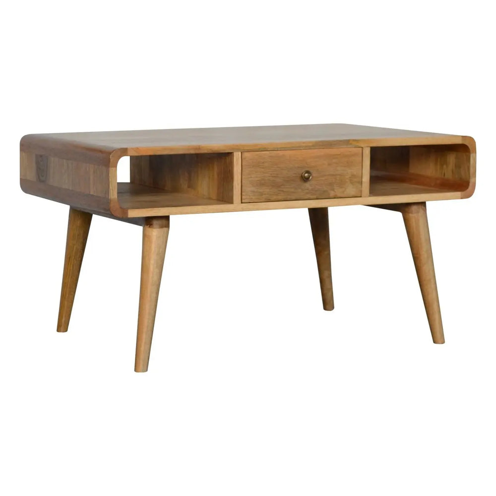 Curved Oak-Ish Coffee Table – 100% Solid Mango Wood with Storage