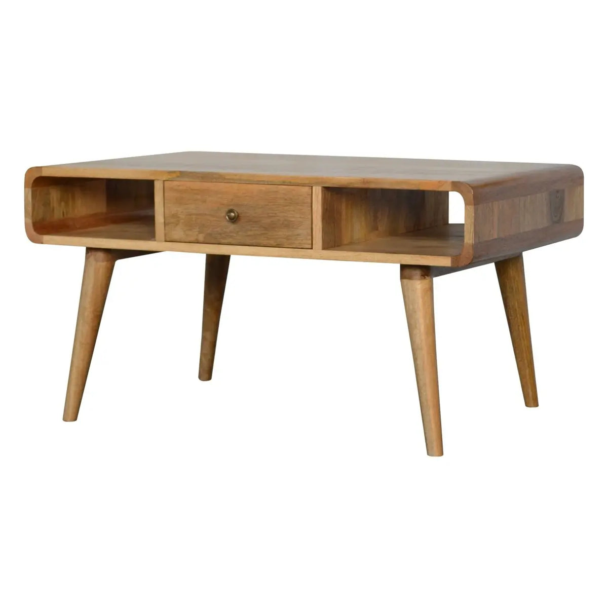 Curved Oak Ish Coffee Table – 100% Solid Mango Wood Storage