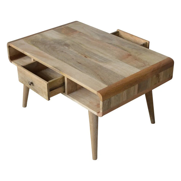 Curved Oak-Ish Coffee Table – 100% Solid Mango Wood with Storage