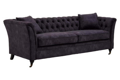 Sabrina Dark Grey Velvet Button Tufted 3 Seater Sofa – in room setting